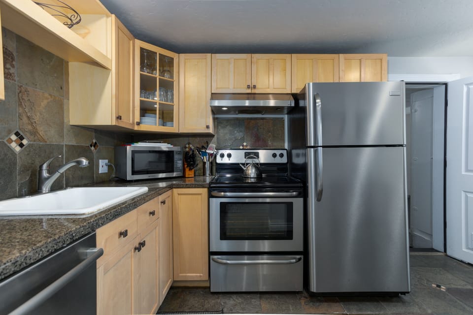 Oven, stove, microwave, fridge, and dishwasher in the kitchen