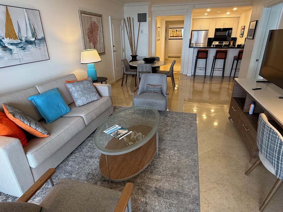 View in from the terrace: enjoy the ocean-inspired art and the luxury