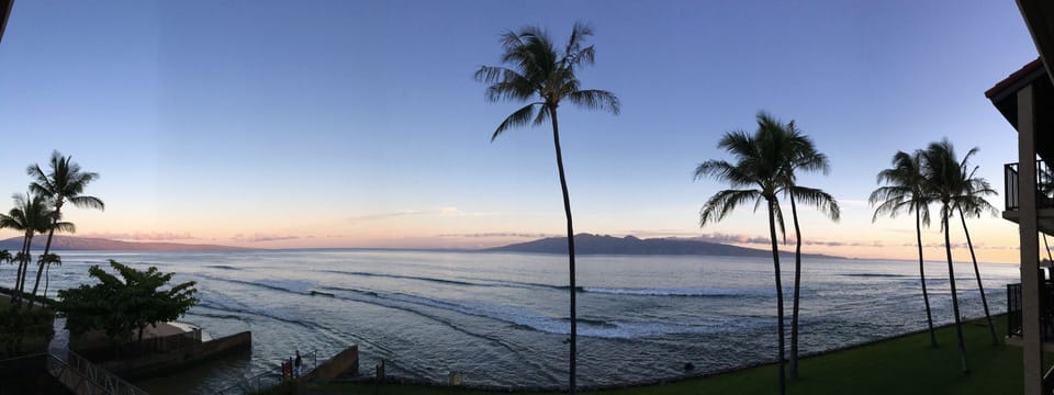 Panoramic sunrise view from Lana'i on the left to Moloka'i on the right