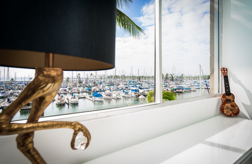 Desk with view of the yachts