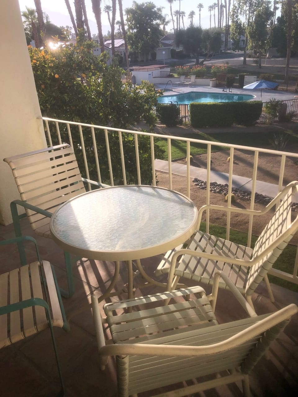 Balcony overlooking pool