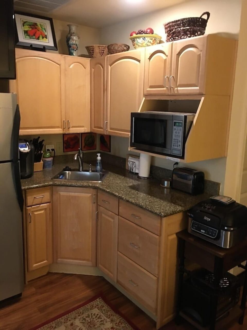 Kitchen with Keurig Coffee Maker, coffee, teas, creamers, Ninja Cooker microwave