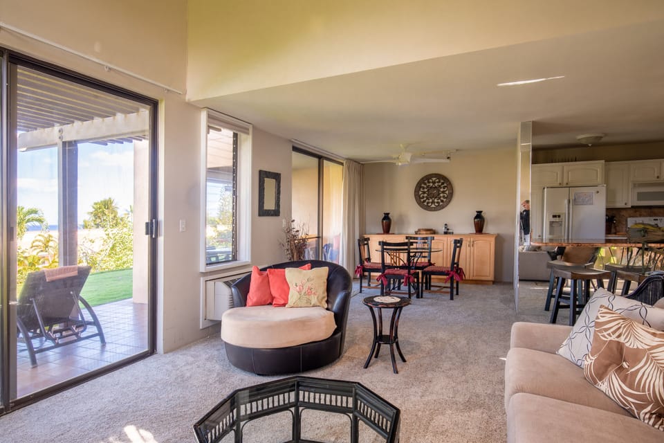 View of the dining and kitchen areas from the living room.