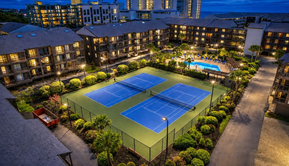     Lighted tennis and pickleball courts just steps from the condo.