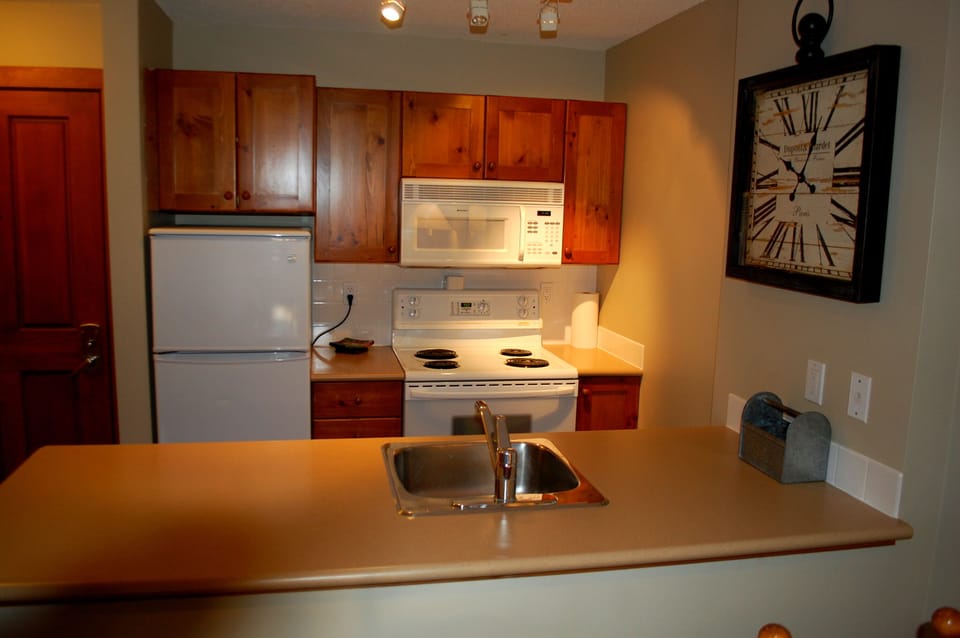 Kitchen area with convection microwave and dish washer.