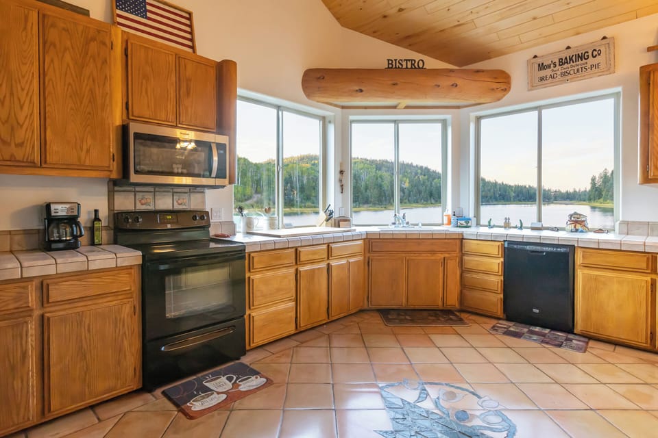 Kitchen with beautiful lake and wildlife views