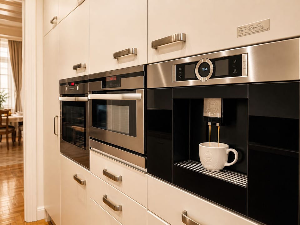 Sleek built-in espresso machine with premium appliances and modern design.