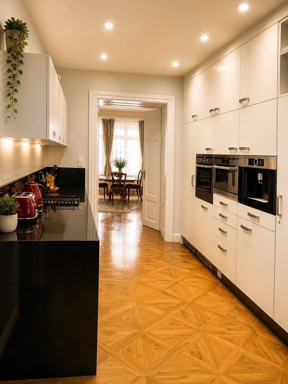 Bright modern kitchen with built-in espresso machine and dining area.