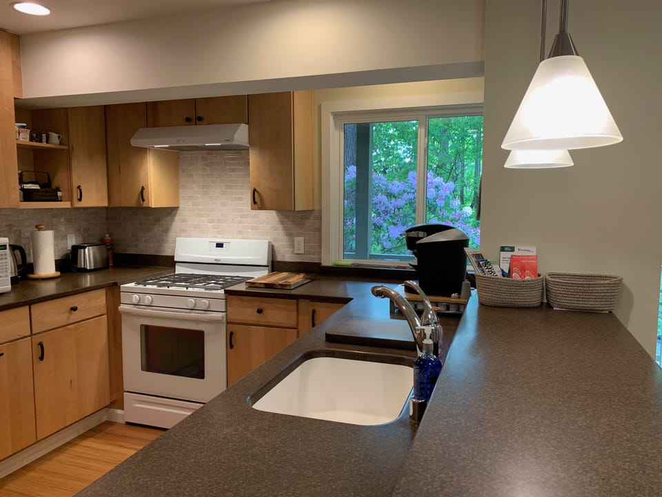 Kitchen window overlooks wooded lot