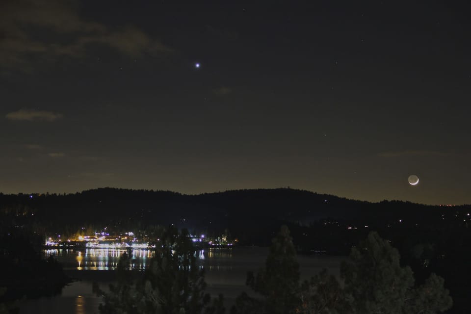 Crescent Moon over Lake Arrowhead--View from the deck