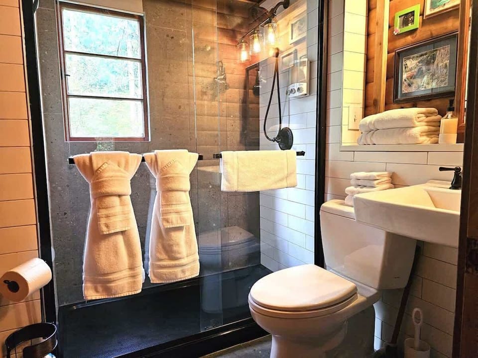 More modern bathroom features withing the cabin feel.
