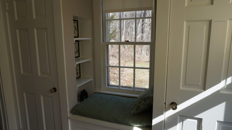 Birdwatching seat in the sunroom. Toy closet and ironing closet on either side.