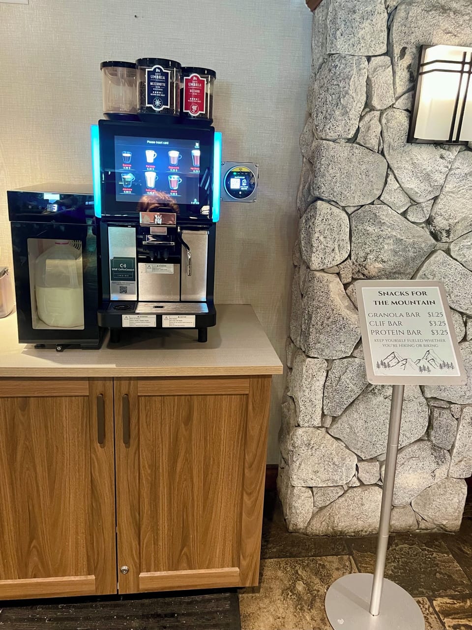 Coffee and hot chocolate for purchase along with snacks from the front desk