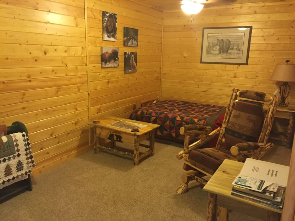 Futon pulled into full sized bed in living room.
