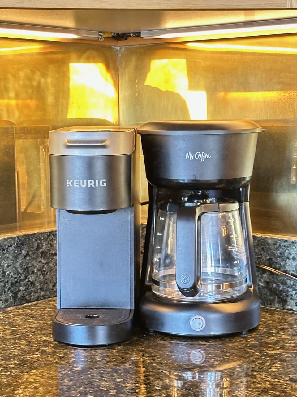 Regular drip coffee maker and a Keurig 