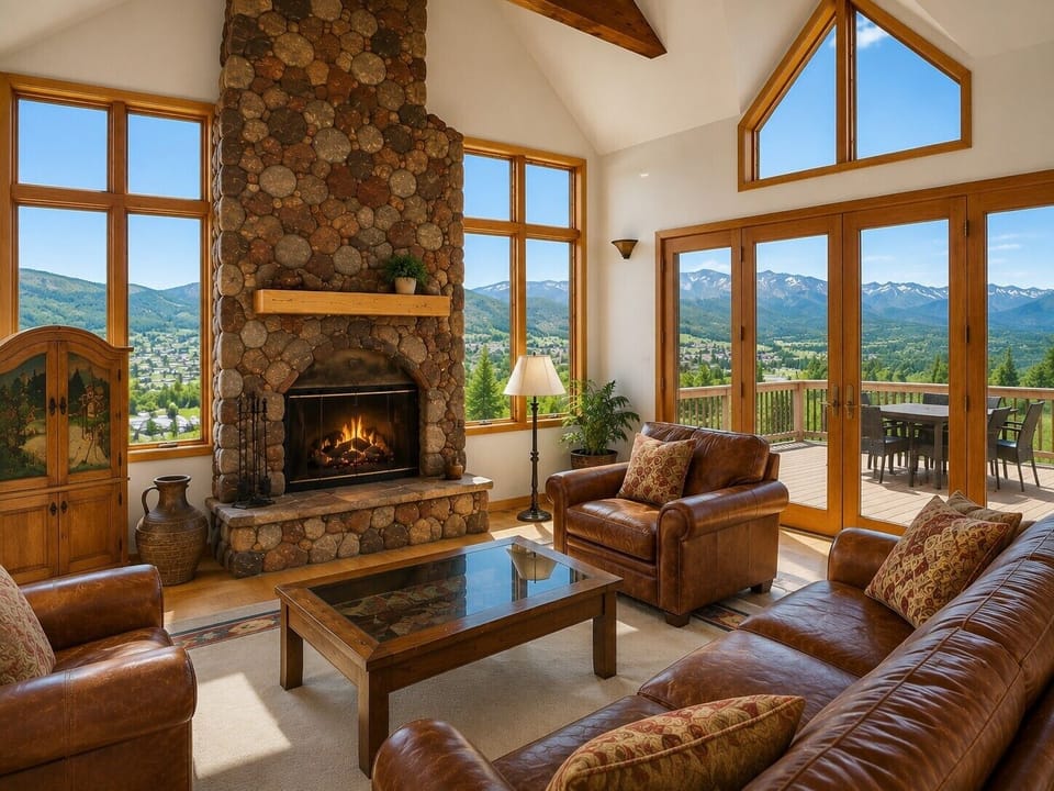 Soaring great room with stone fireplace, mountain views and natural light