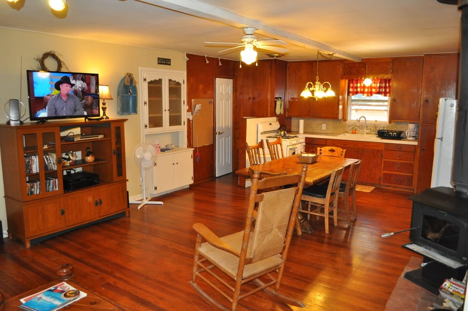 Large living, dining area, big screen TV, DVD player,  large DVD selection.