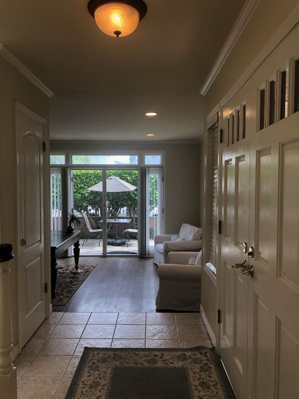 Looking from the front doors to the French doors framed patio.