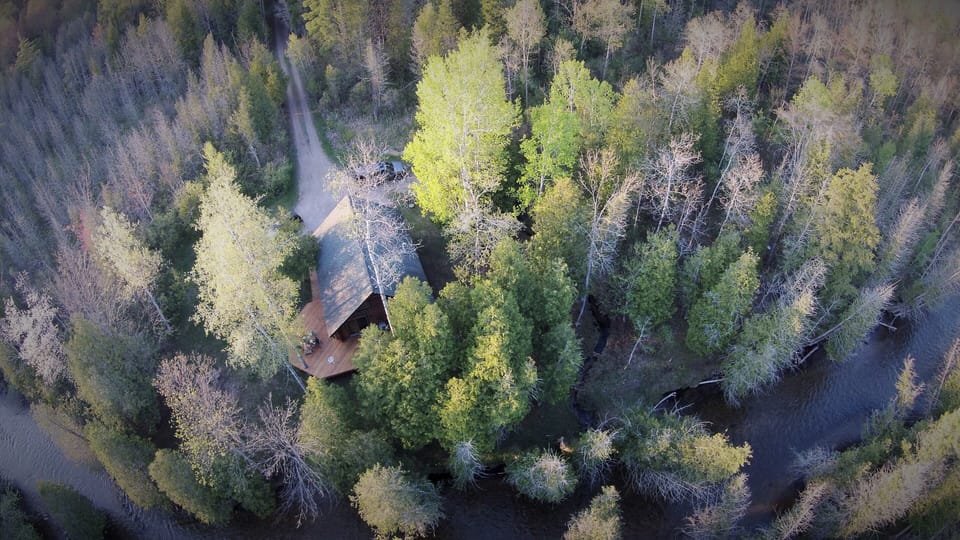 aerial of log cabin