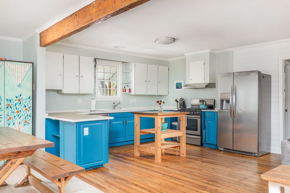 open kitchen with butcher table