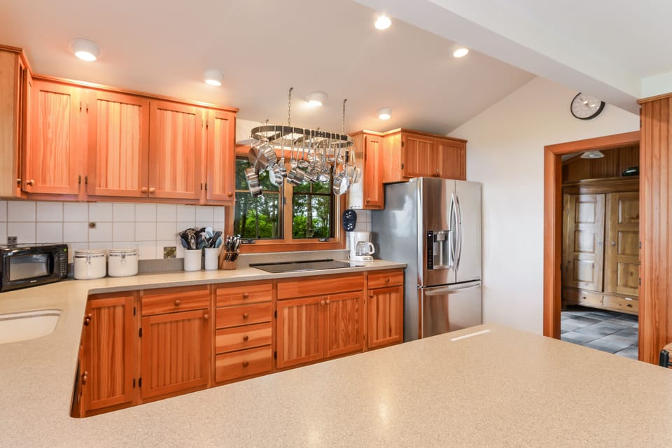 Induction stove top, pots and refrigerator.