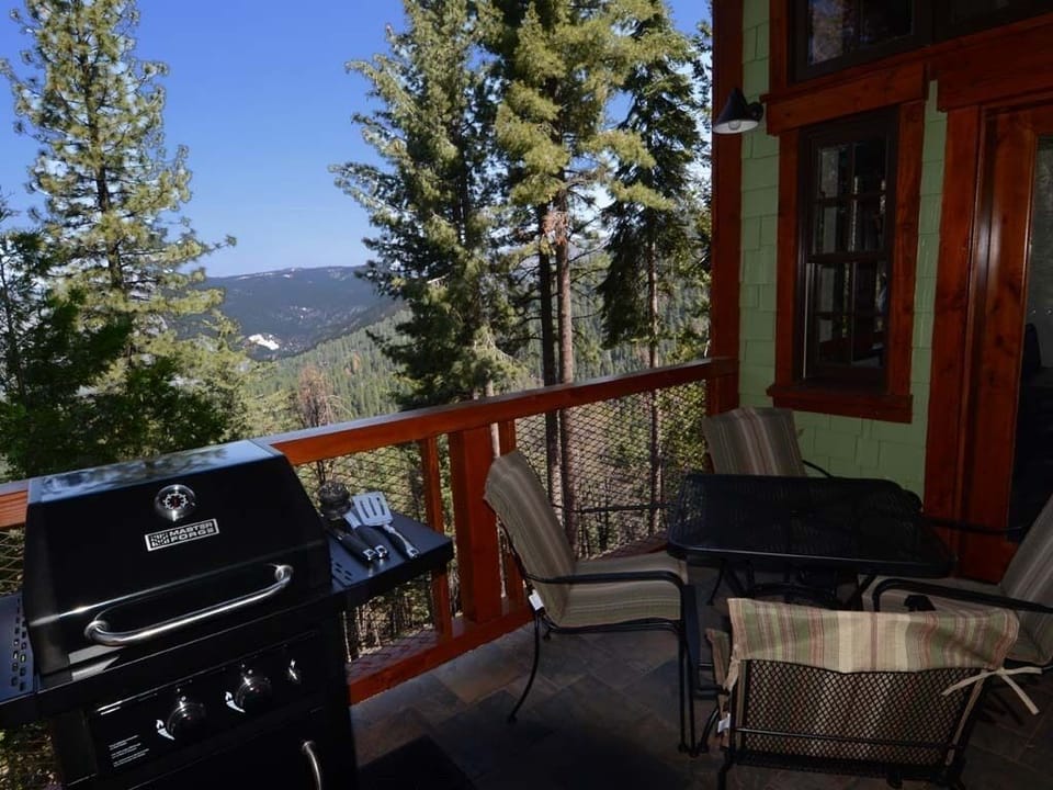 The private deck has great views, cafe table and a barbecue