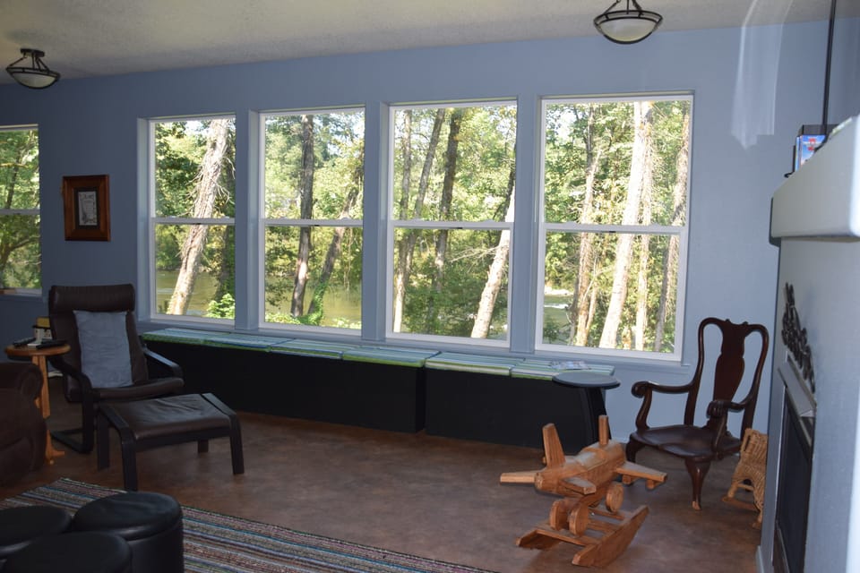 Great room view, window benches