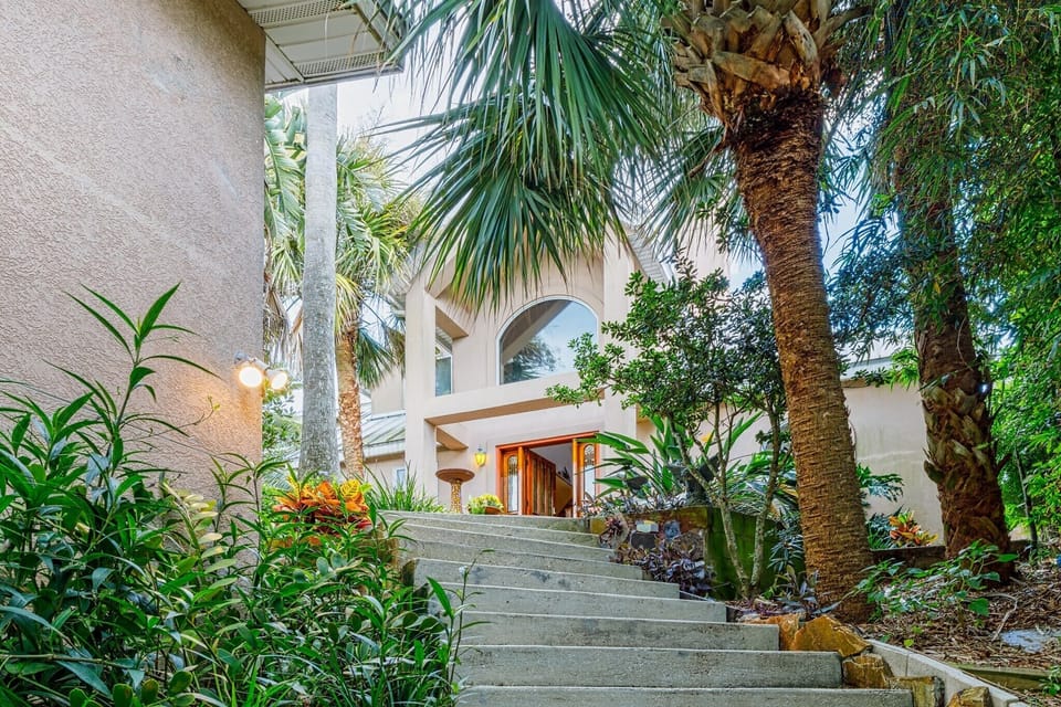 Up the stairs to the front door.
