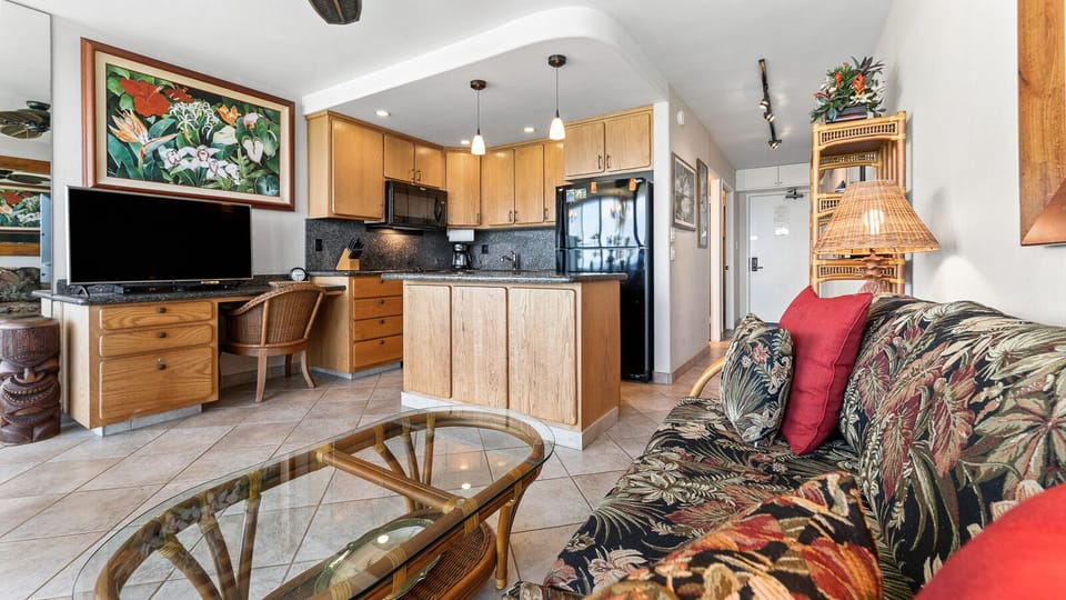 Kitchen with oak cabinetry.