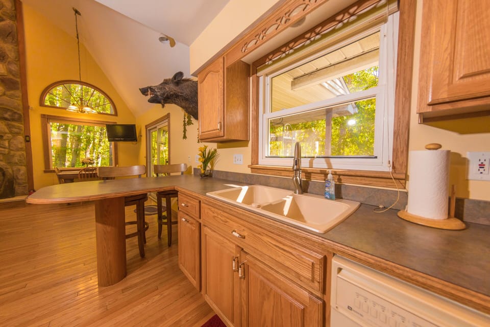 Kitchen looking out on forest - beautiful view!!