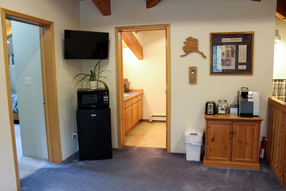 View from the recliner and dining room seating - our small "kitchen" area.