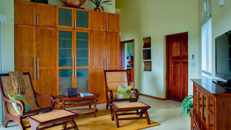 The studio bedroom also has a large sitting area and plenty of closet space.
