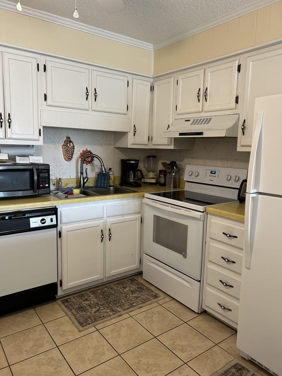 Kitchen work area: electric stove/oven, MW, DW, full fridge, icemaker, etc