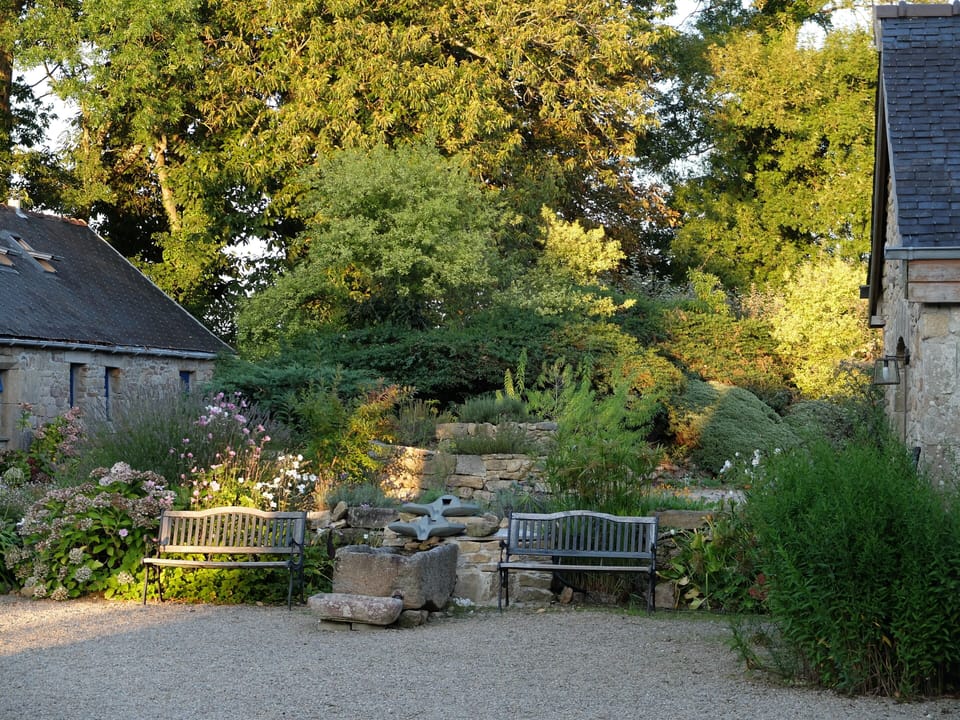 Water feature and courtyard in fall
