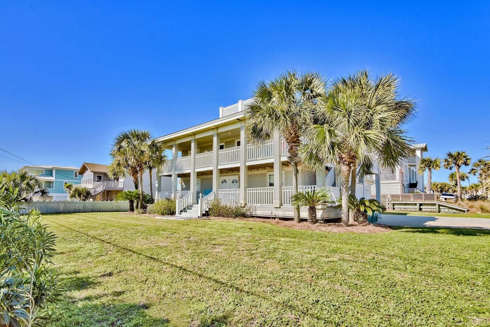 Exterior view of the home w/ palm trees and open green space.