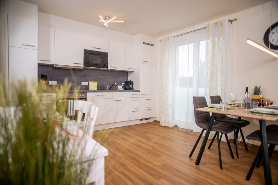 Full-size fridge, microwave, stovetop, dishwasher