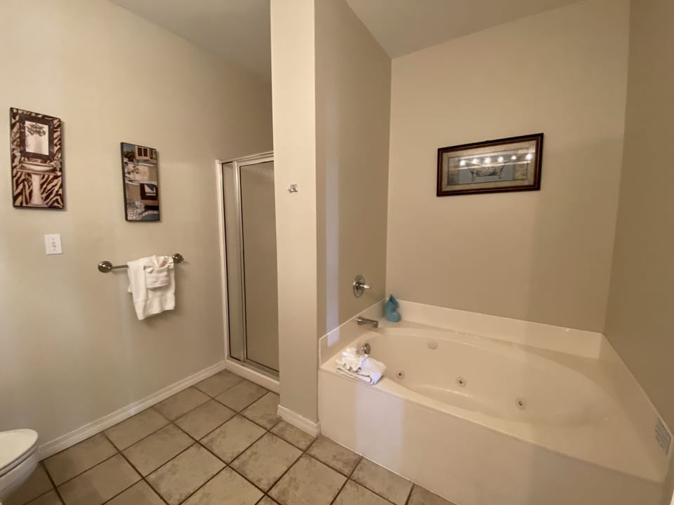 Our private master bathroom suite includes a double sink vanity and massive tub!
