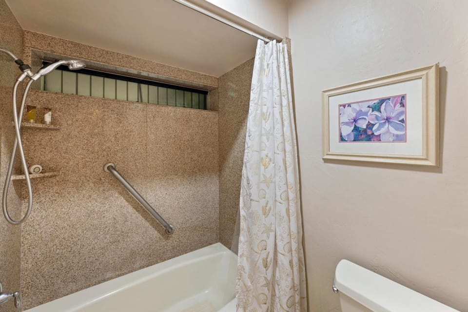 Shower with safety handlebar.