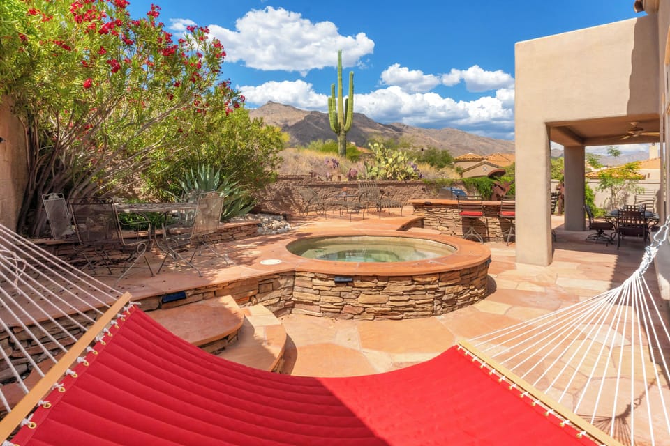 Your private desert retreat — hammock, hot tub, and breathtaking scenery