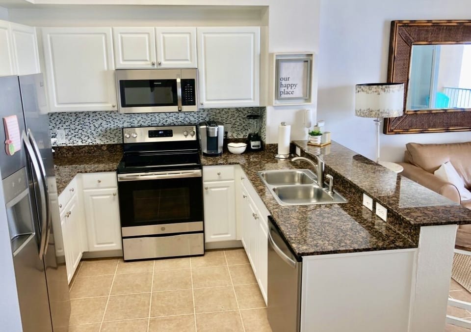 Includes pots, pans, cooking and eating utensils in kitchen. 