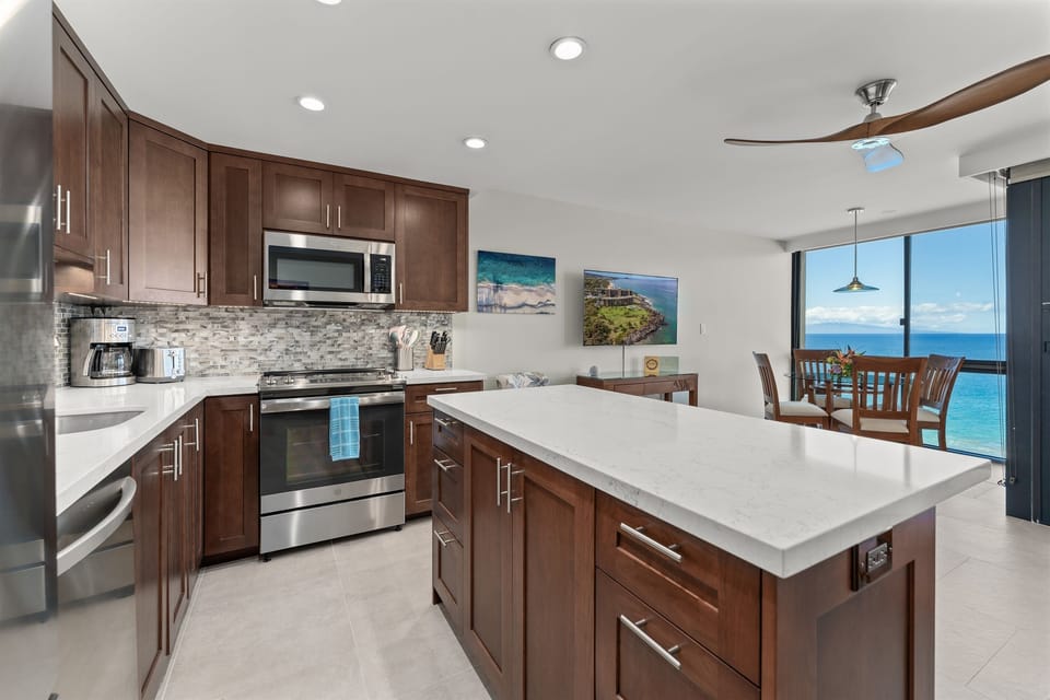 Newly renovated kitchen with stainless appliances.