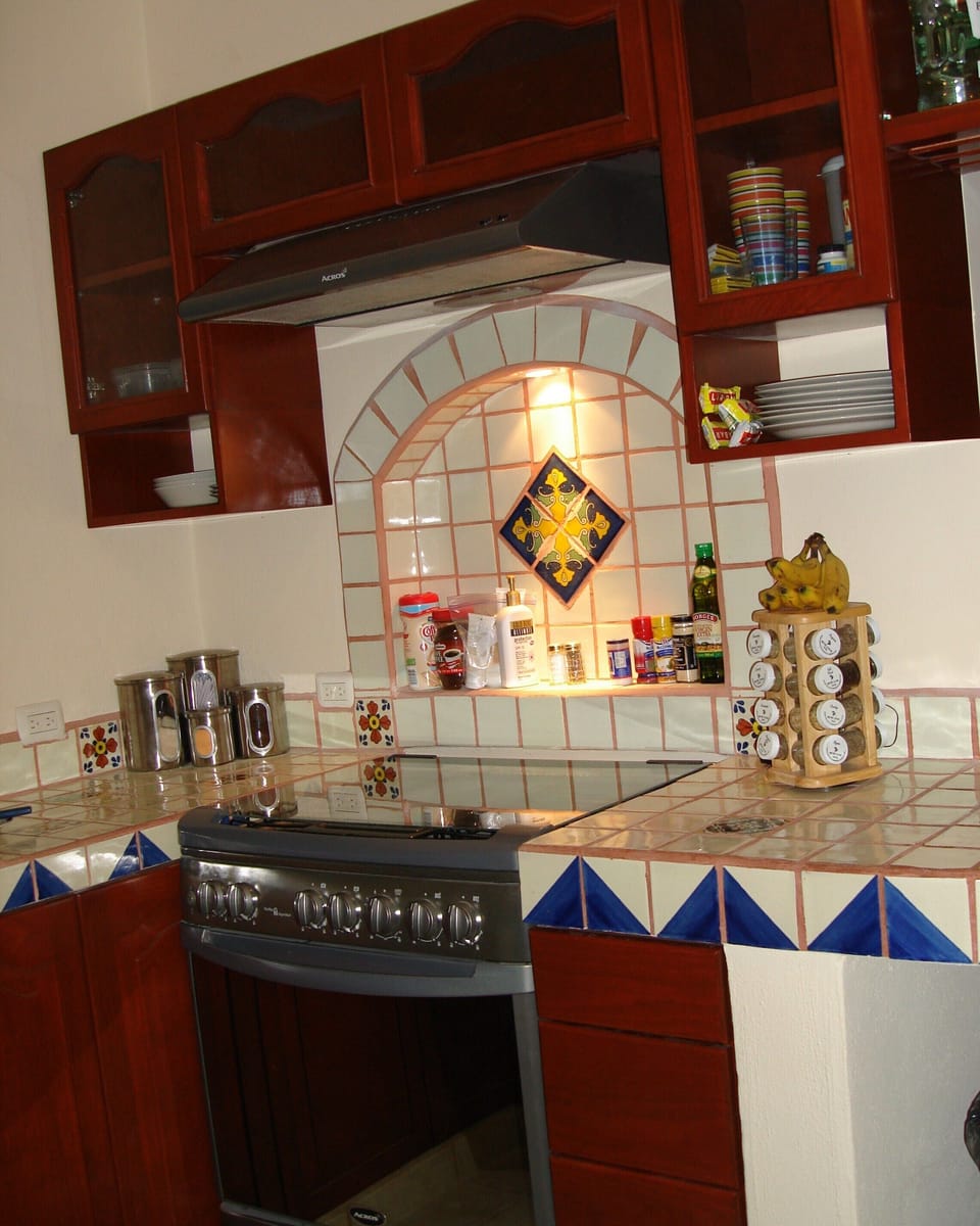 View in the kitchen. The tiles were hand selected & the cabinets hand crafted.
