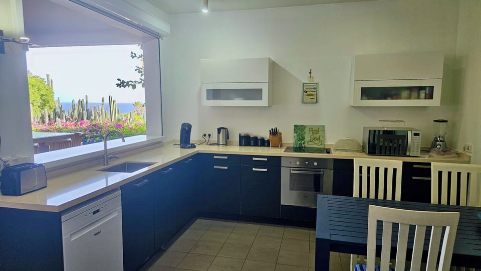 Kitchen with view of the deck and ocean