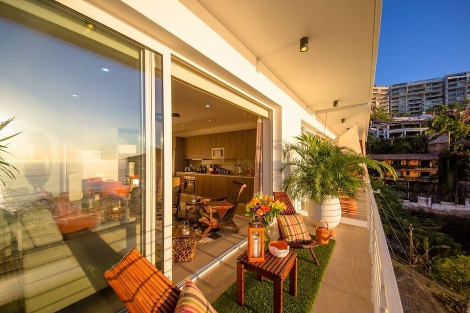 Balcony with Palm trees & kitchen view ...