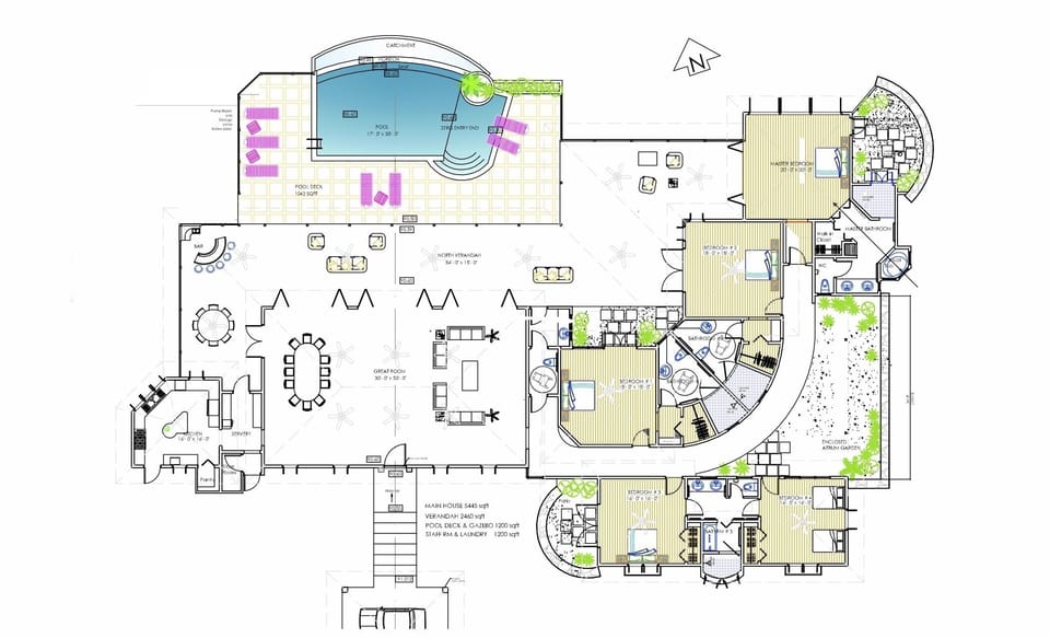 floor plan can accommodate as many as 5 couples or 3 families of 4 comfortably