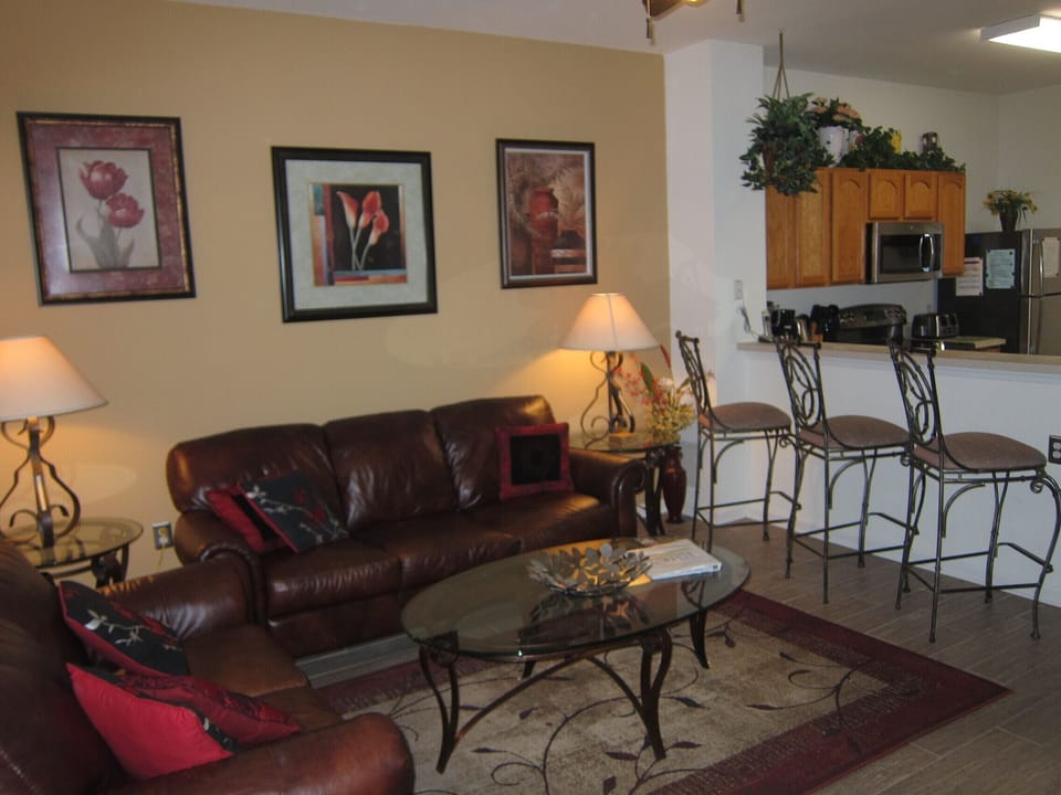 Living room with leather sofas and counter bar.