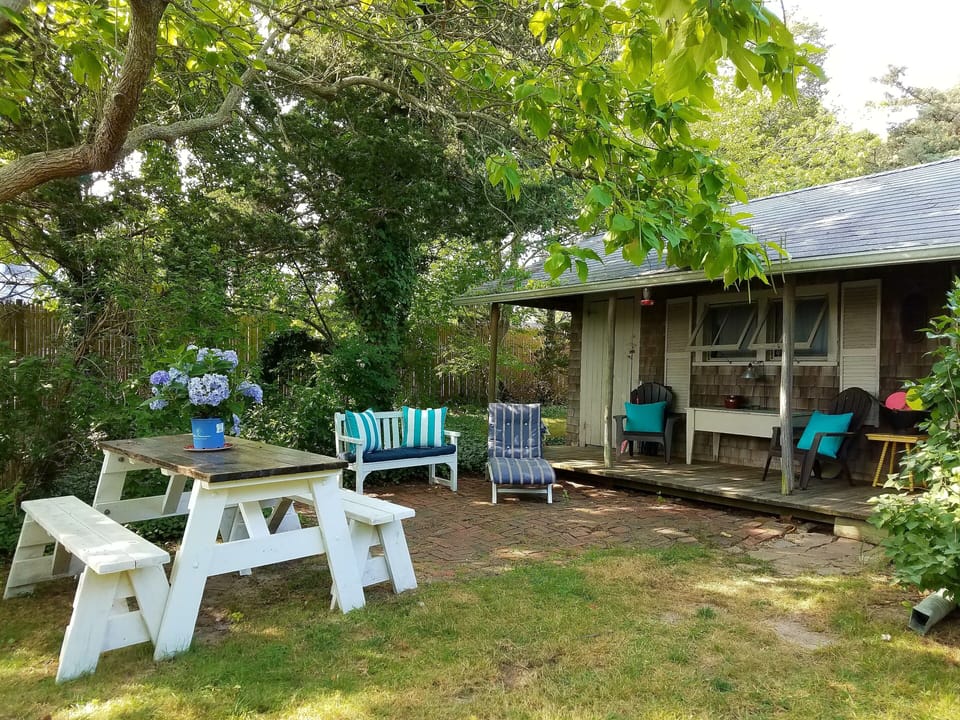 Backyard porch and patio with picnic table seats 6+