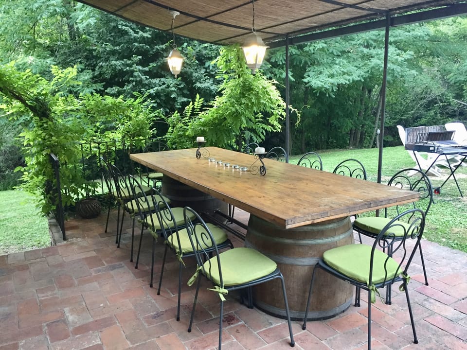 Covered table outside kitchen seats 12. Ideal for breakfast, meals, drinks etc.