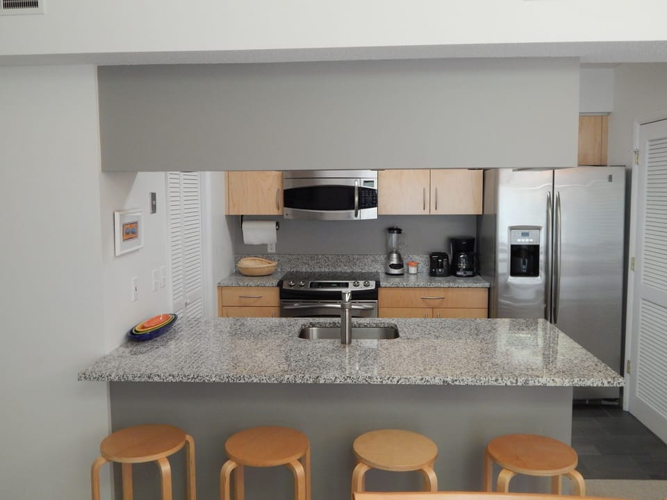 High end kitchen. Fully stocked with upscale appliances and granite countertops!
