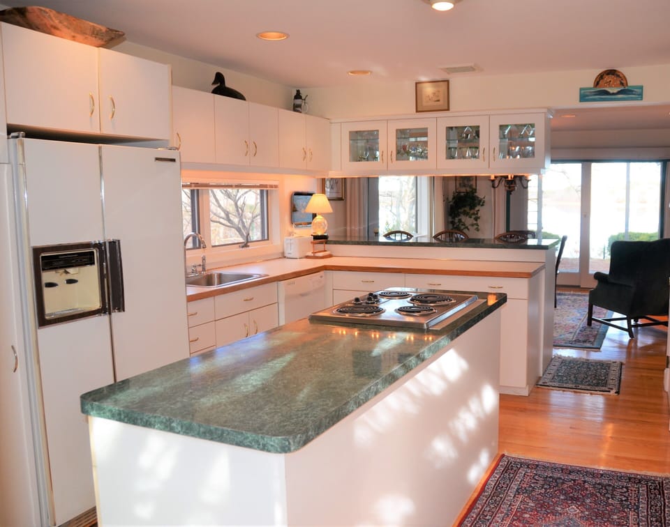 Sunny Kitchen with front and back sliders to private front patio and ocean views